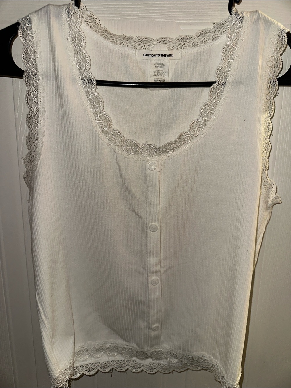 Caution To The Wind Ivory Lace-Trim Button Front Tank